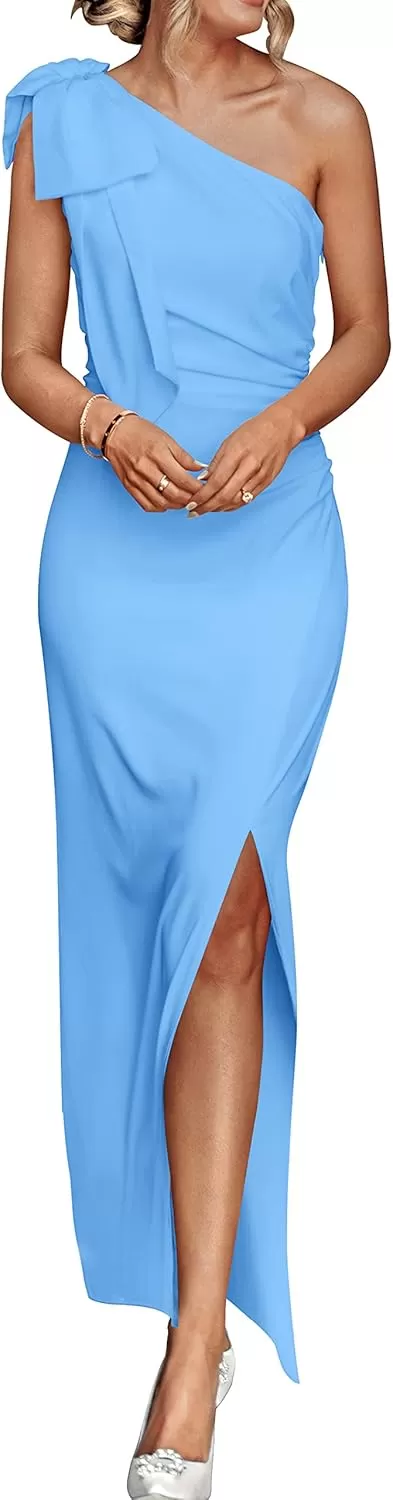 imagePRETTYGARDEN Womens Summer One Shoulder Long Formal Dresses Sleeveless Ruched Bodycon Wedding Guest Slit Maxi DressSky Blue