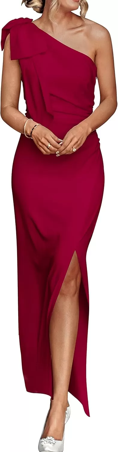 imagePRETTYGARDEN Womens Summer One Shoulder Long Formal Dresses Sleeveless Ruched Bodycon Wedding Guest Slit Maxi DressWine Red