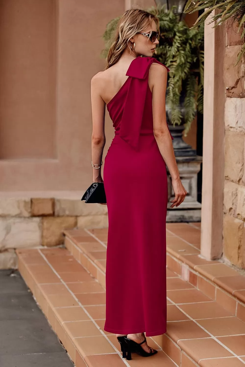 imagePRETTYGARDEN Womens Summer One Shoulder Long Formal Dresses Sleeveless Ruched Bodycon Wedding Guest Slit Maxi DressWine Red