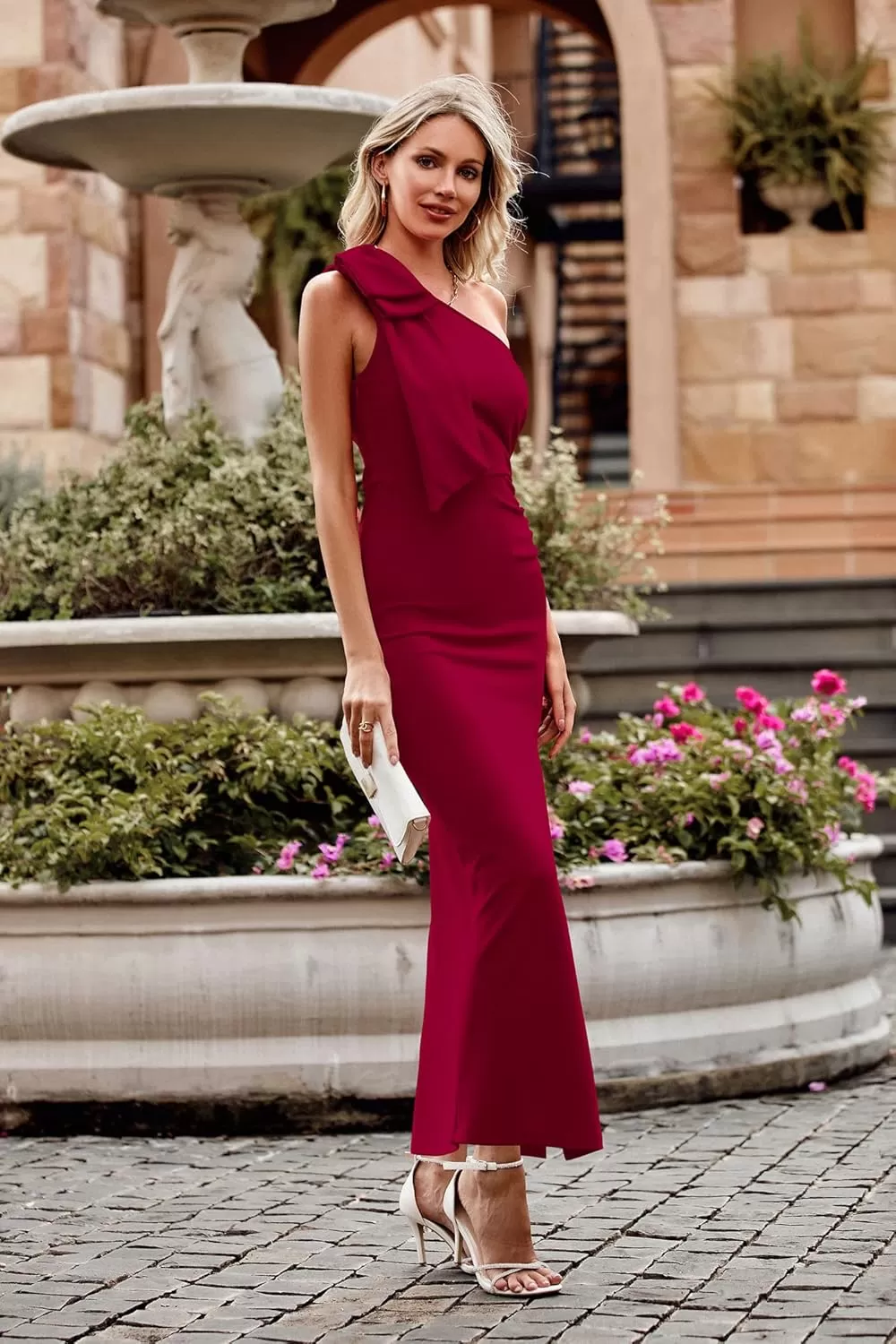 imagePRETTYGARDEN Womens Summer One Shoulder Long Formal Dresses Sleeveless Ruched Bodycon Wedding Guest Slit Maxi DressWine Red