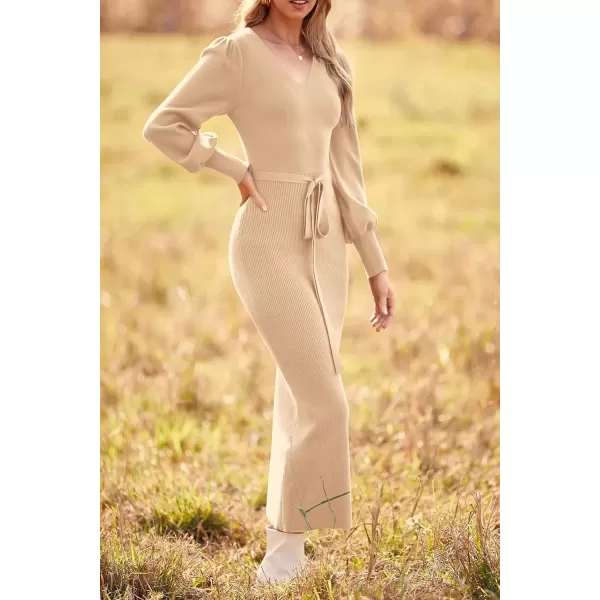 imagePRETTYGARDEN Womens 2024 Fall Knit Pullover Sweater Elegant Long Lantern Sleeve V Neck Maxi DressApricot