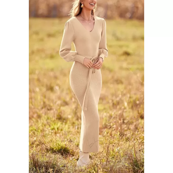 imagePRETTYGARDEN Womens 2024 Fall Knit Pullover Sweater Elegant Long Lantern Sleeve V Neck Maxi DressApricot