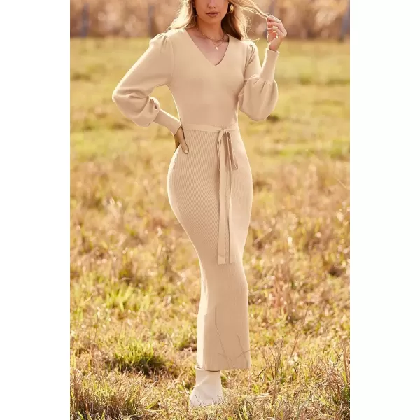 imagePRETTYGARDEN Womens 2024 Fall Knit Pullover Sweater Elegant Long Lantern Sleeve V Neck Maxi DressApricot