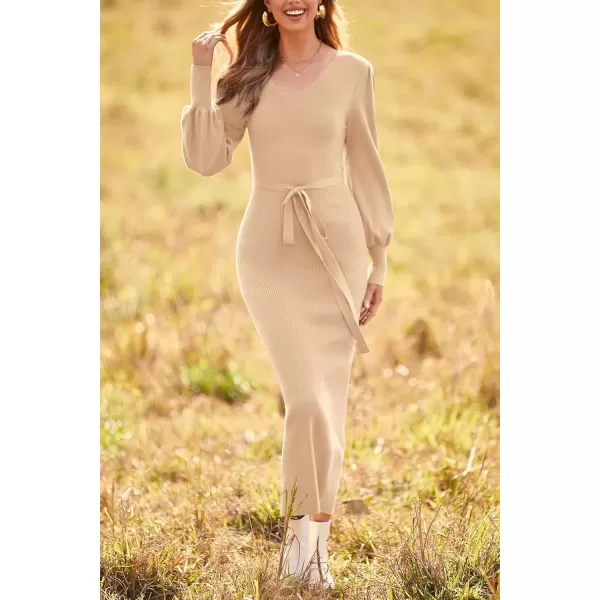 imagePRETTYGARDEN Womens 2024 Fall Knit Pullover Sweater Elegant Long Lantern Sleeve V Neck Maxi DressApricot