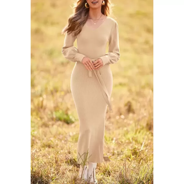 imagePRETTYGARDEN Womens 2024 Fall Knit Pullover Sweater Elegant Long Lantern Sleeve V Neck Maxi DressApricot