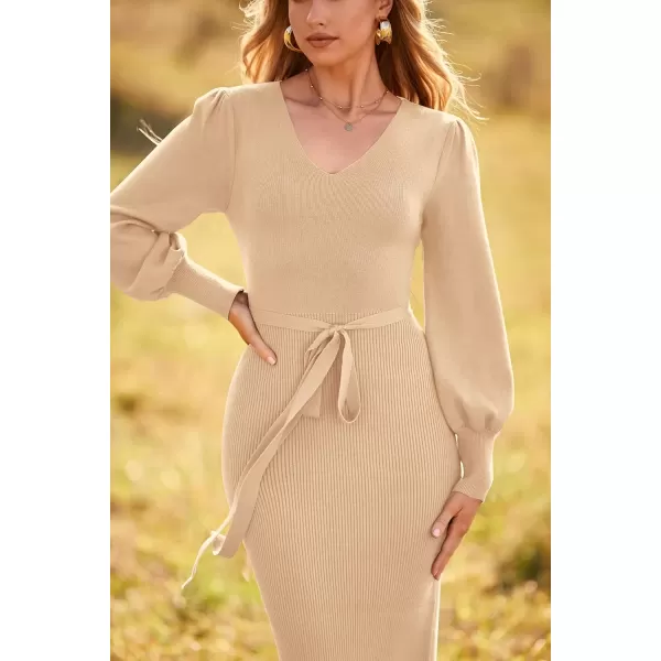 imagePRETTYGARDEN Womens 2024 Fall Knit Pullover Sweater Elegant Long Lantern Sleeve V Neck Maxi DressApricot