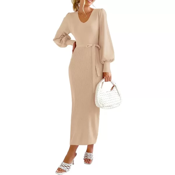imagePRETTYGARDEN Womens 2024 Fall Knit Pullover Sweater Elegant Long Lantern Sleeve V Neck Maxi DressApricot