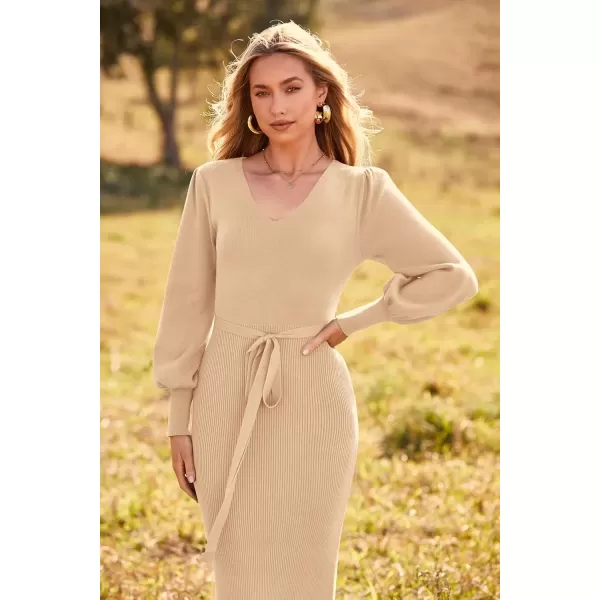 imagePRETTYGARDEN Womens 2024 Fall Knit Pullover Sweater Elegant Long Lantern Sleeve V Neck Maxi DressApricot