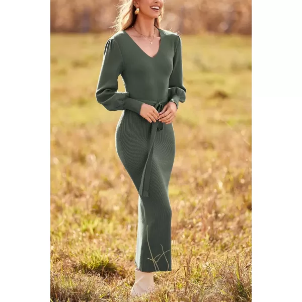 imagePRETTYGARDEN Womens 2024 Fall Knit Pullover Sweater Elegant Long Lantern Sleeve V Neck Maxi DressArmy Green
