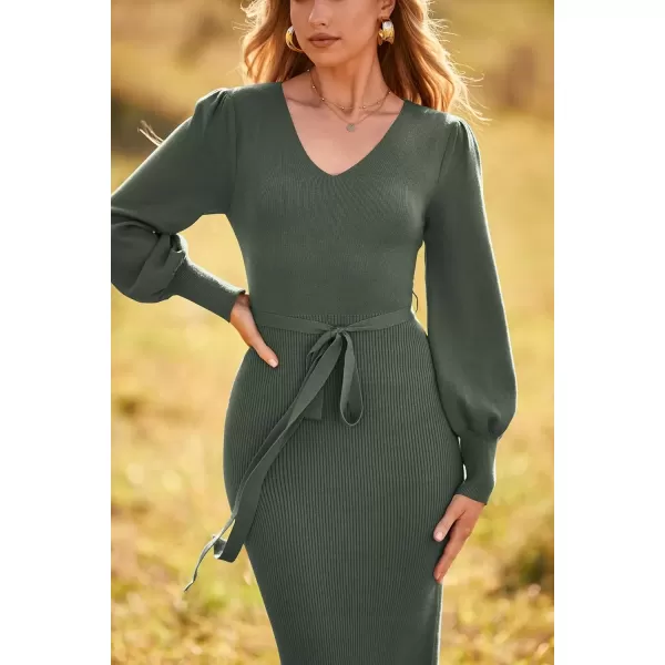 imagePRETTYGARDEN Womens 2024 Fall Knit Pullover Sweater Elegant Long Lantern Sleeve V Neck Maxi DressArmy Green