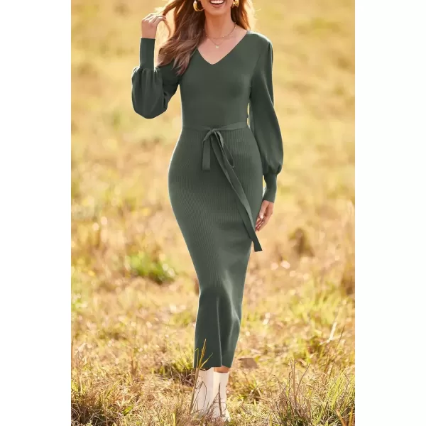 imagePRETTYGARDEN Womens 2024 Fall Knit Pullover Sweater Elegant Long Lantern Sleeve V Neck Maxi DressArmy Green