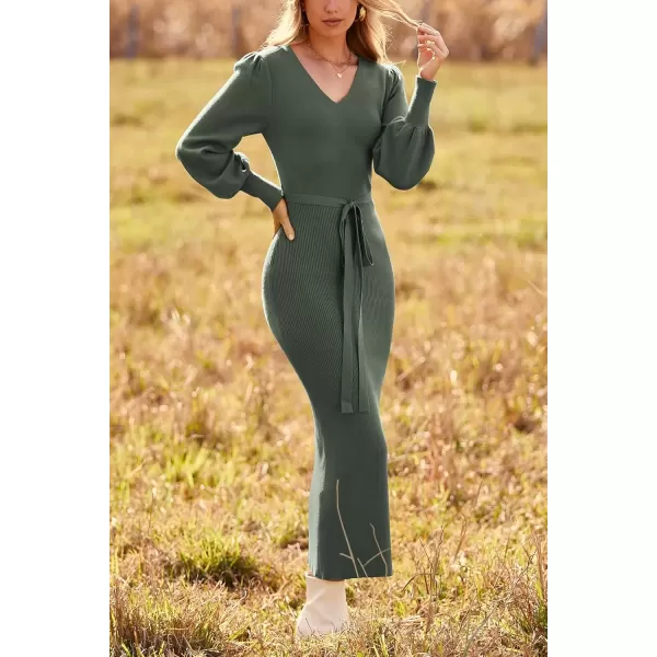 imagePRETTYGARDEN Womens 2024 Fall Knit Pullover Sweater Elegant Long Lantern Sleeve V Neck Maxi DressArmy Green