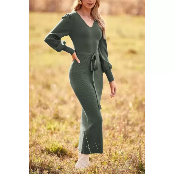 imagePRETTYGARDEN Womens 2024 Fall Knit Pullover Sweater Elegant Long Lantern Sleeve V Neck Maxi DressArmy Green