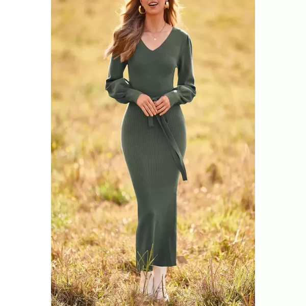 imagePRETTYGARDEN Womens 2024 Fall Knit Pullover Sweater Elegant Long Lantern Sleeve V Neck Maxi DressArmy Green