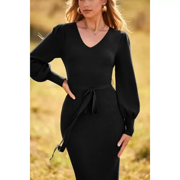 imagePRETTYGARDEN Womens 2024 Fall Knit Pullover Sweater Elegant Long Lantern Sleeve V Neck Maxi DressBlack