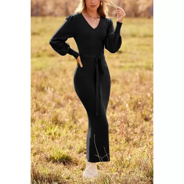 imagePRETTYGARDEN Womens 2024 Fall Knit Pullover Sweater Elegant Long Lantern Sleeve V Neck Maxi DressBlack