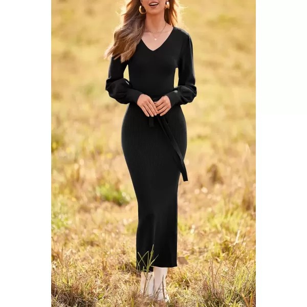 imagePRETTYGARDEN Womens 2024 Fall Knit Pullover Sweater Elegant Long Lantern Sleeve V Neck Maxi DressBlack