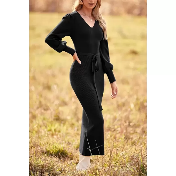 imagePRETTYGARDEN Womens 2024 Fall Knit Pullover Sweater Elegant Long Lantern Sleeve V Neck Maxi DressBlack
