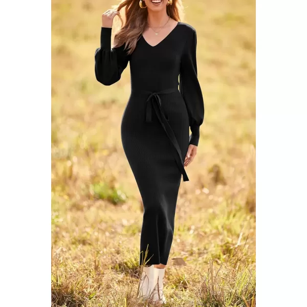 imagePRETTYGARDEN Womens 2024 Fall Knit Pullover Sweater Elegant Long Lantern Sleeve V Neck Maxi DressBlack