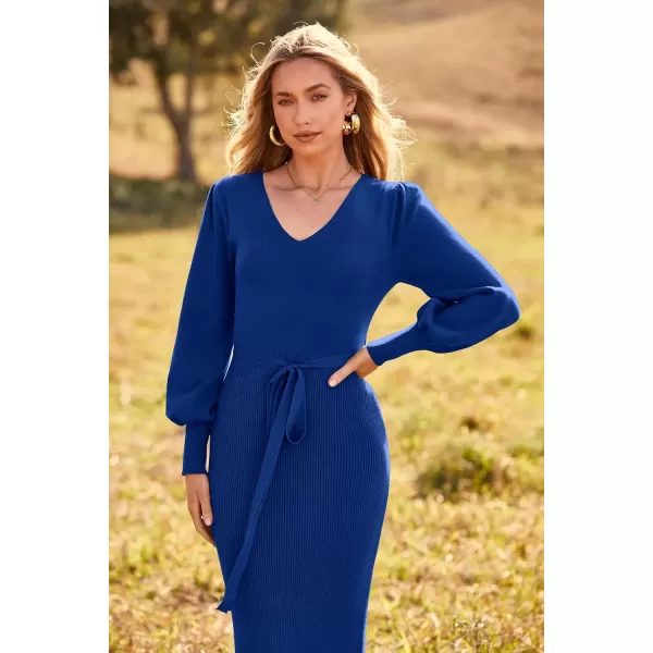 imagePRETTYGARDEN Womens 2024 Fall Knit Pullover Sweater Elegant Long Lantern Sleeve V Neck Maxi DressBlue