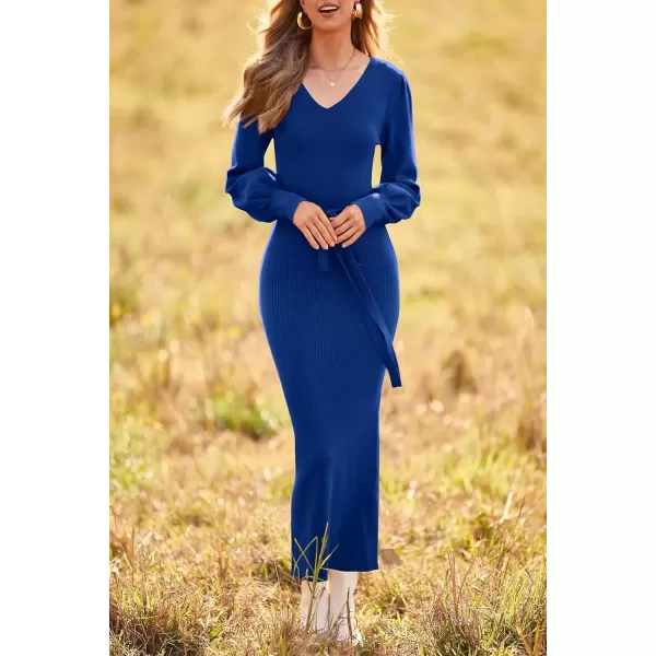 imagePRETTYGARDEN Womens 2024 Fall Knit Pullover Sweater Elegant Long Lantern Sleeve V Neck Maxi DressBlue