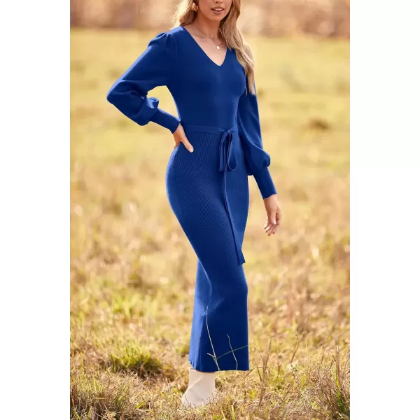 imagePRETTYGARDEN Womens 2024 Fall Knit Pullover Sweater Elegant Long Lantern Sleeve V Neck Maxi DressBlue