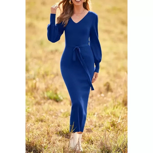 imagePRETTYGARDEN Womens 2024 Fall Knit Pullover Sweater Elegant Long Lantern Sleeve V Neck Maxi DressBlue