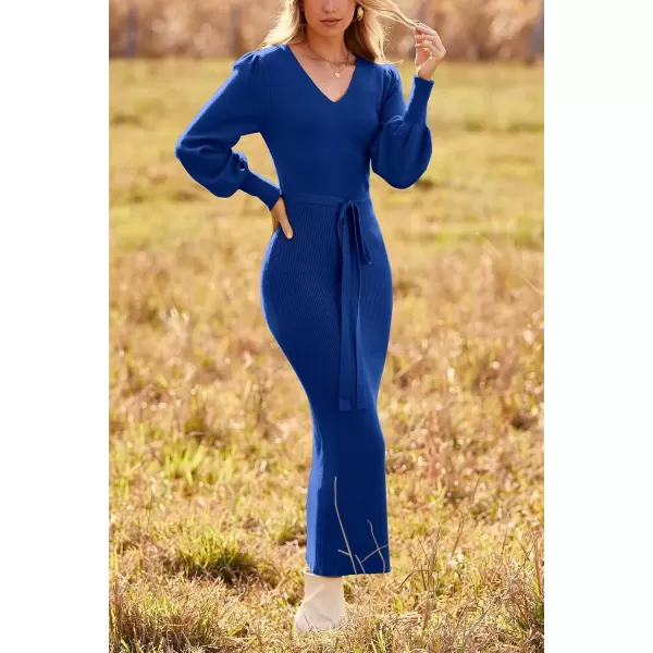imagePRETTYGARDEN Womens 2024 Fall Knit Pullover Sweater Elegant Long Lantern Sleeve V Neck Maxi DressBlue