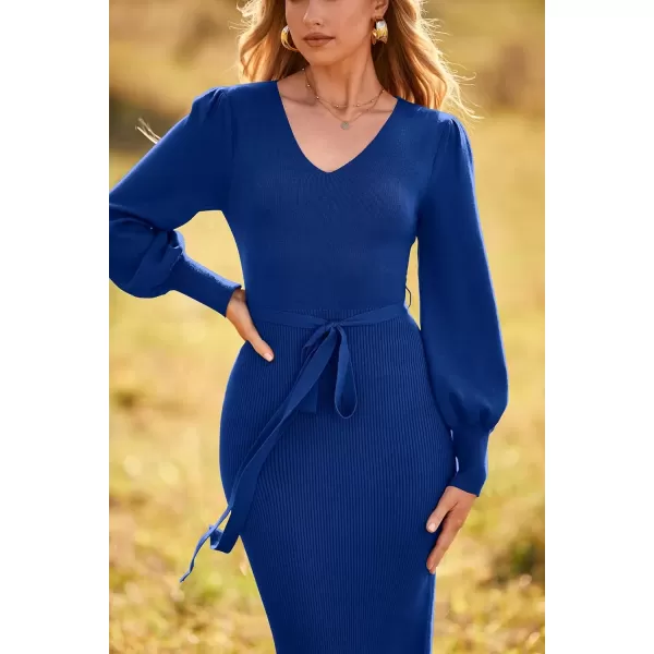 imagePRETTYGARDEN Womens 2024 Fall Knit Pullover Sweater Elegant Long Lantern Sleeve V Neck Maxi DressBlue