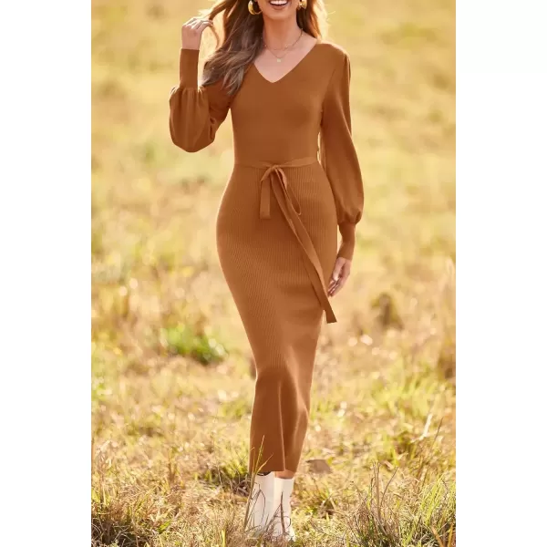 imagePRETTYGARDEN Womens 2024 Fall Knit Pullover Sweater Elegant Long Lantern Sleeve V Neck Maxi DressCamel