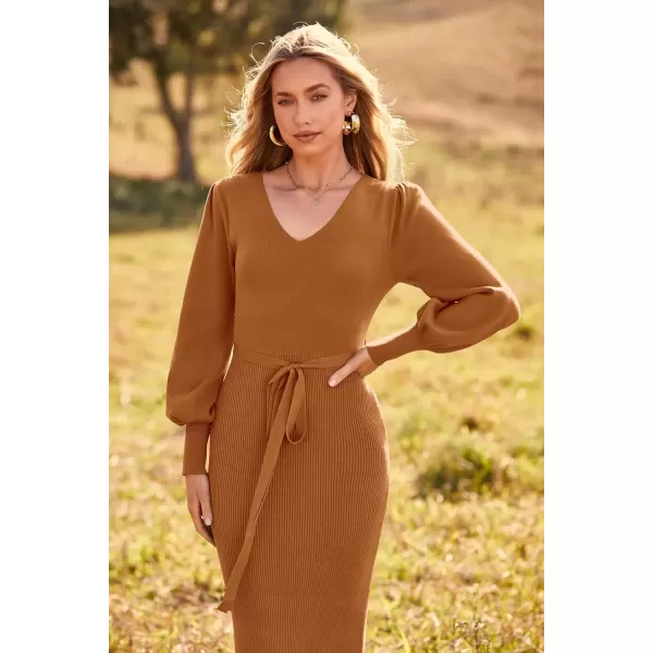 imagePRETTYGARDEN Womens 2024 Fall Knit Pullover Sweater Elegant Long Lantern Sleeve V Neck Maxi DressCamel