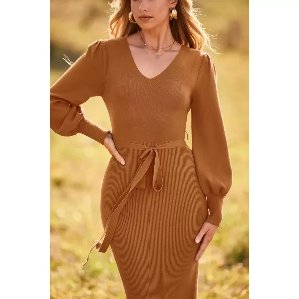 imagePRETTYGARDEN Womens 2024 Fall Knit Pullover Sweater Elegant Long Lantern Sleeve V Neck Maxi DressCamel