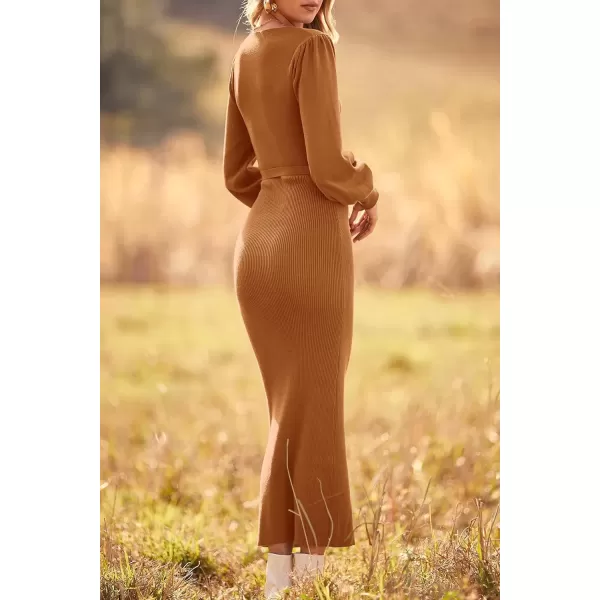 imagePRETTYGARDEN Womens 2024 Fall Knit Pullover Sweater Elegant Long Lantern Sleeve V Neck Maxi DressCamel