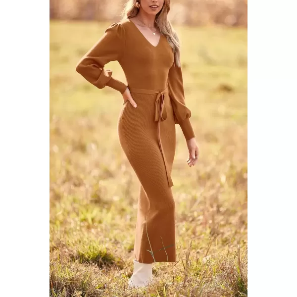 imagePRETTYGARDEN Womens 2024 Fall Knit Pullover Sweater Elegant Long Lantern Sleeve V Neck Maxi DressCamel