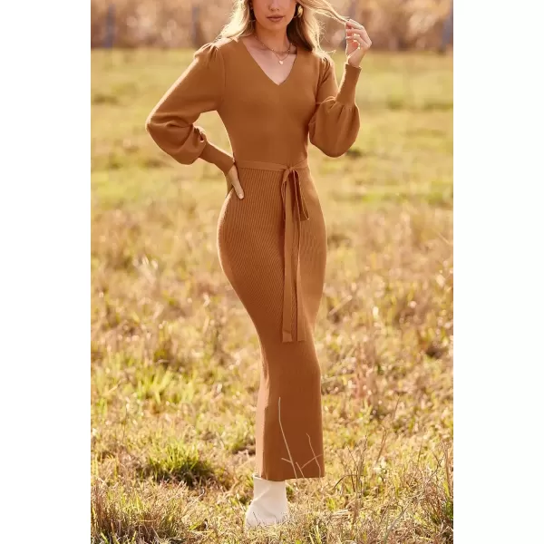 imagePRETTYGARDEN Womens 2024 Fall Knit Pullover Sweater Elegant Long Lantern Sleeve V Neck Maxi DressCamel