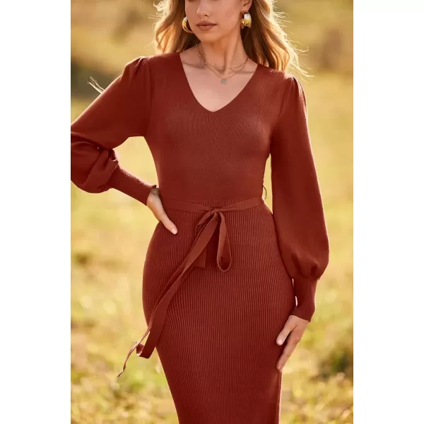 imagePRETTYGARDEN Womens 2024 Fall Knit Pullover Sweater Elegant Long Lantern Sleeve V Neck Maxi DressCaramel