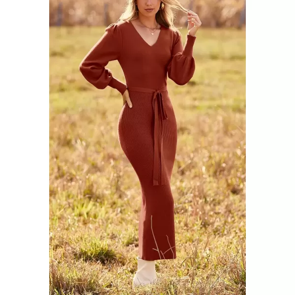 imagePRETTYGARDEN Womens 2024 Fall Knit Pullover Sweater Elegant Long Lantern Sleeve V Neck Maxi DressCaramel