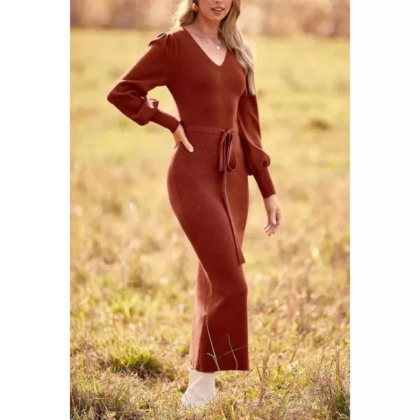 imagePRETTYGARDEN Womens 2024 Fall Knit Pullover Sweater Elegant Long Lantern Sleeve V Neck Maxi DressCaramel