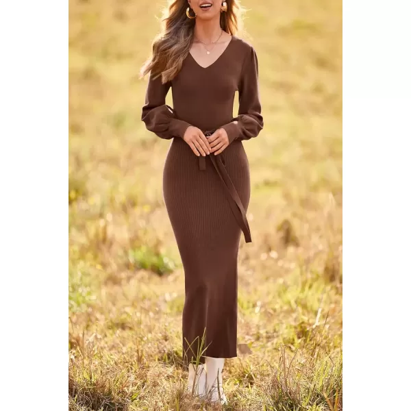 imagePRETTYGARDEN Womens 2024 Fall Knit Pullover Sweater Elegant Long Lantern Sleeve V Neck Maxi DressCoffee
