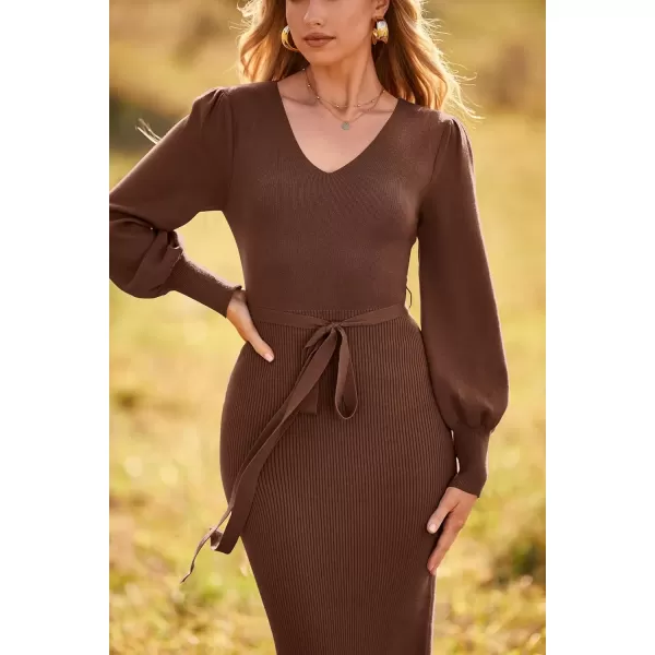 imagePRETTYGARDEN Womens 2024 Fall Knit Pullover Sweater Elegant Long Lantern Sleeve V Neck Maxi DressCoffee