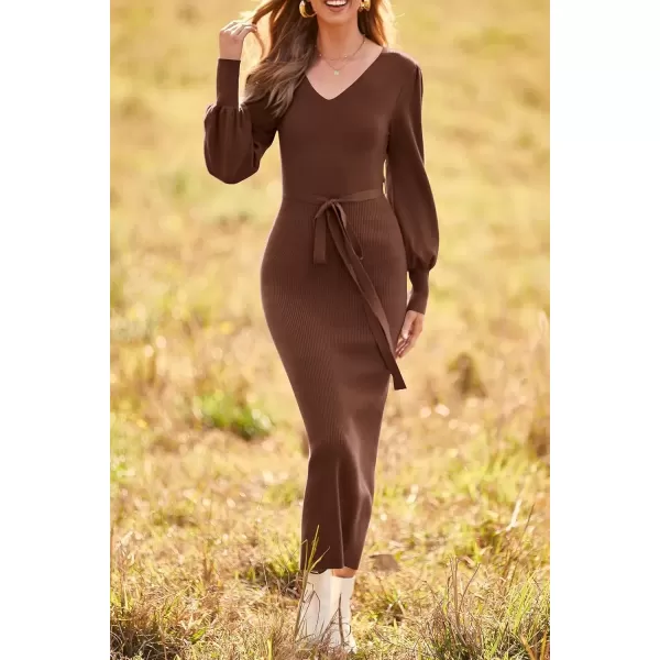 imagePRETTYGARDEN Womens 2024 Fall Knit Pullover Sweater Elegant Long Lantern Sleeve V Neck Maxi DressCoffee
