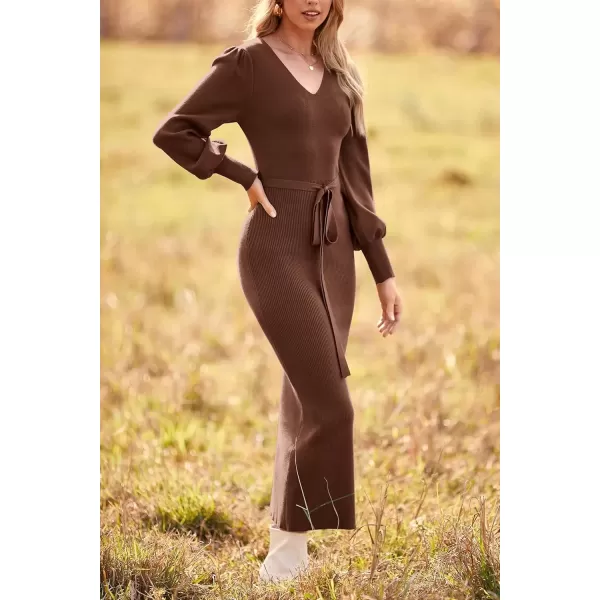 imagePRETTYGARDEN Womens 2024 Fall Knit Pullover Sweater Elegant Long Lantern Sleeve V Neck Maxi DressCoffee