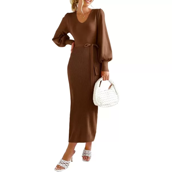 imagePRETTYGARDEN Womens 2024 Fall Knit Pullover Sweater Elegant Long Lantern Sleeve V Neck Maxi DressCoffee