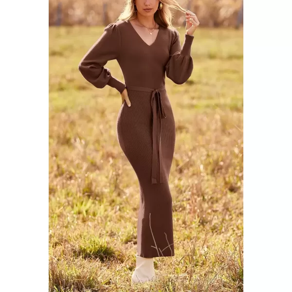 imagePRETTYGARDEN Womens 2024 Fall Knit Pullover Sweater Elegant Long Lantern Sleeve V Neck Maxi DressCoffee