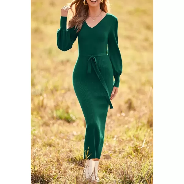 imagePRETTYGARDEN Womens 2024 Fall Knit Pullover Sweater Elegant Long Lantern Sleeve V Neck Maxi DressDark Green
