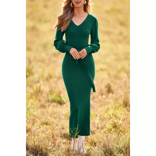 imagePRETTYGARDEN Womens 2024 Fall Knit Pullover Sweater Elegant Long Lantern Sleeve V Neck Maxi DressDark Green