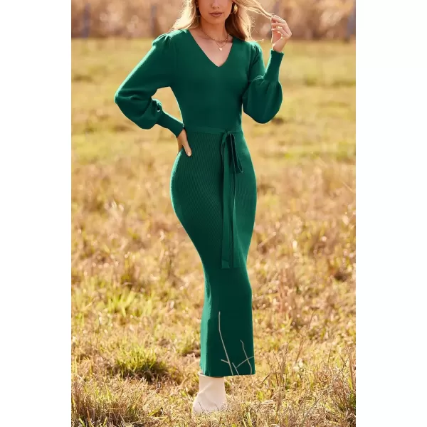 imagePRETTYGARDEN Womens 2024 Fall Knit Pullover Sweater Elegant Long Lantern Sleeve V Neck Maxi DressDark Green