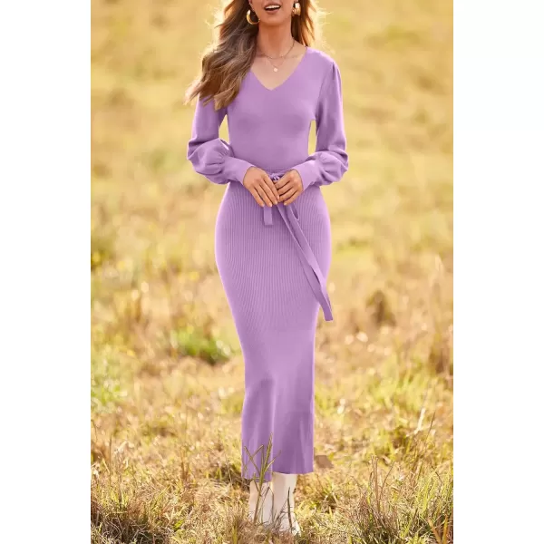 imagePRETTYGARDEN Womens 2024 Fall Knit Pullover Sweater Elegant Long Lantern Sleeve V Neck Maxi DressLight Purple