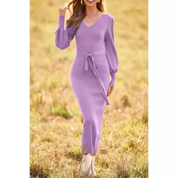 imagePRETTYGARDEN Womens 2024 Fall Knit Pullover Sweater Elegant Long Lantern Sleeve V Neck Maxi DressLight Purple