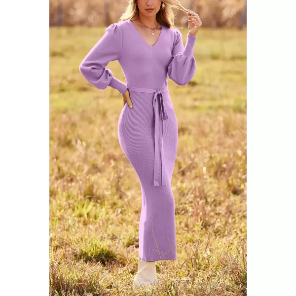 imagePRETTYGARDEN Womens 2024 Fall Knit Pullover Sweater Elegant Long Lantern Sleeve V Neck Maxi DressLight Purple